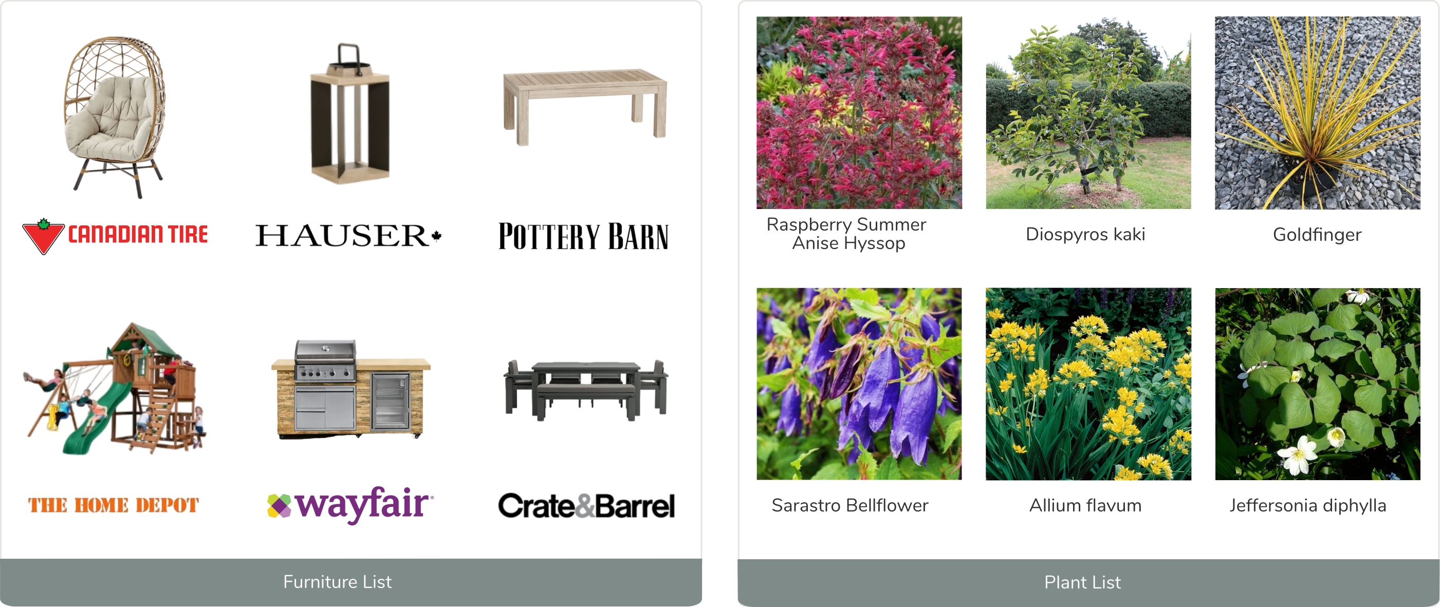 Design catalogue showcasing outdoor furniture and plant varieties selected for client projects
